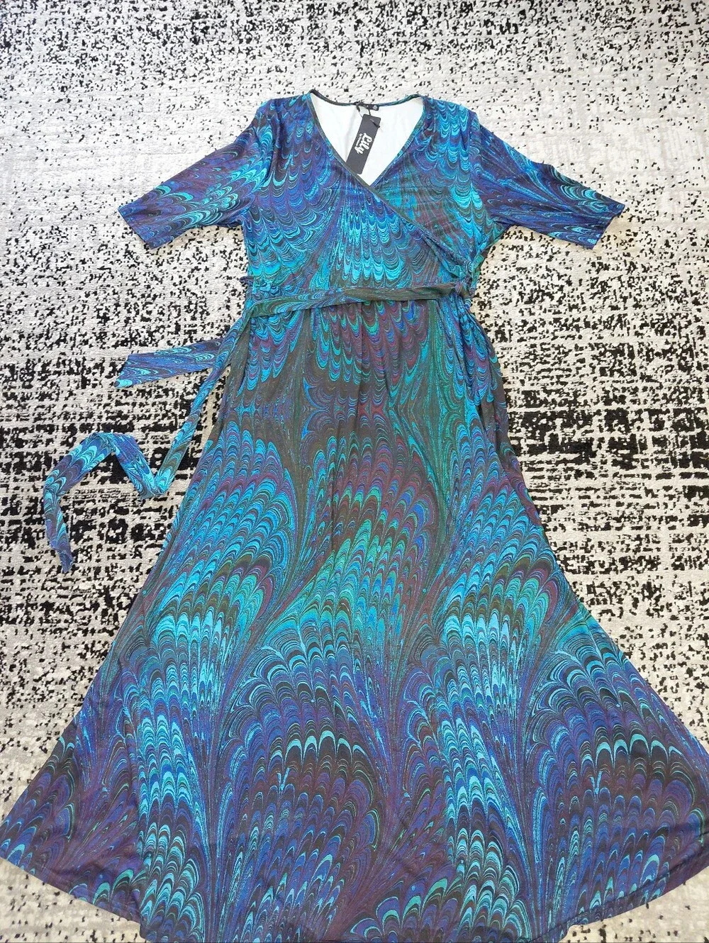 Lily by Firmiana Peacock Print Maxi Wrap Dress XL NWT Blue Teal Purple CC